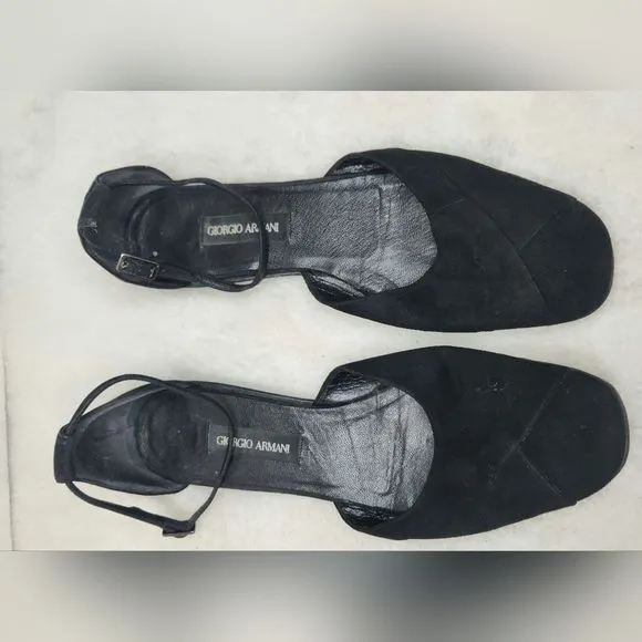 Giorgio Armani Black Suede Flats w/Ankle Strap Size 38