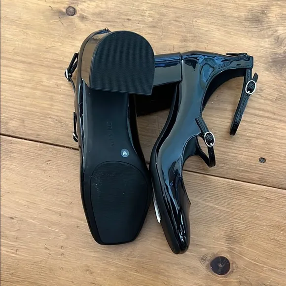 Glossy Patent Leather chunky heel Black Mary Jane square toe shoes