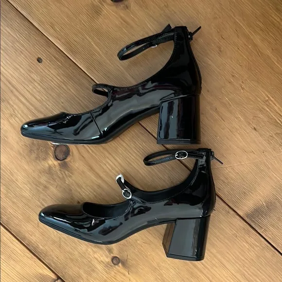 Glossy Patent Leather chunky heel Black Mary Jane square toe shoes