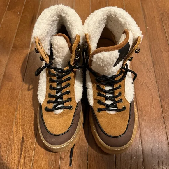 Greats Hewes Hiker Boots Chunky Brown and Tan Shearling Boots