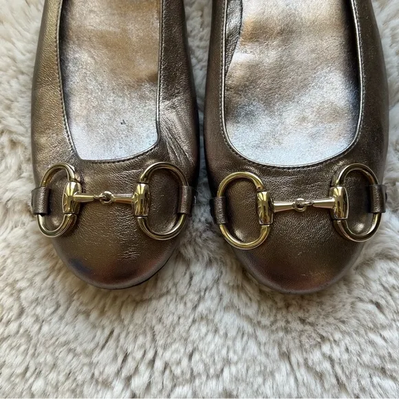 Gucci Leather Horsebit Ankle Strap Ballet Flats