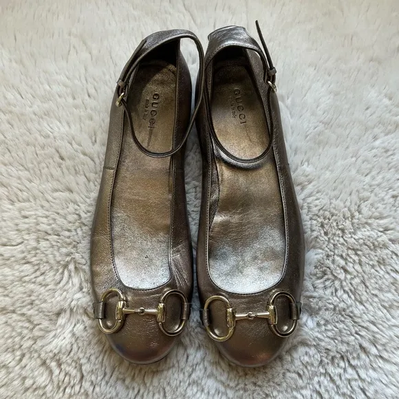 Gucci Leather Horsebit Ankle Strap Ballet Flats