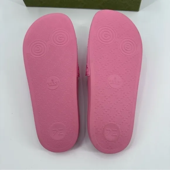 GUCCI Rose Pink Rubber Logo Slides Sandals Size 40
