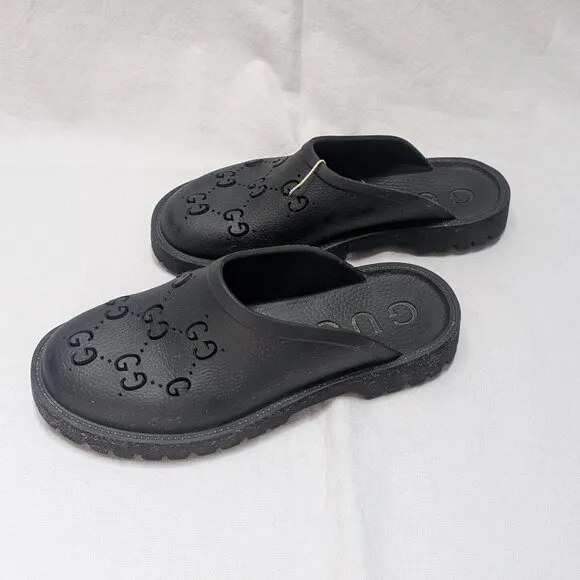 Gucci Unisex Black Rubber Logo Mules Slides Clogs Size 8 Mens 10 Womens