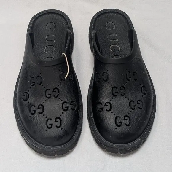 Gucci Unisex Black Rubber Logo Mules Slides Clogs Size 8 Mens 10 Womens