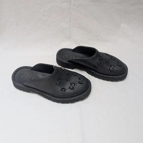 Gucci Unisex Black Rubber Logo Mules Slides Clogs Size 8 Mens 10 Womens