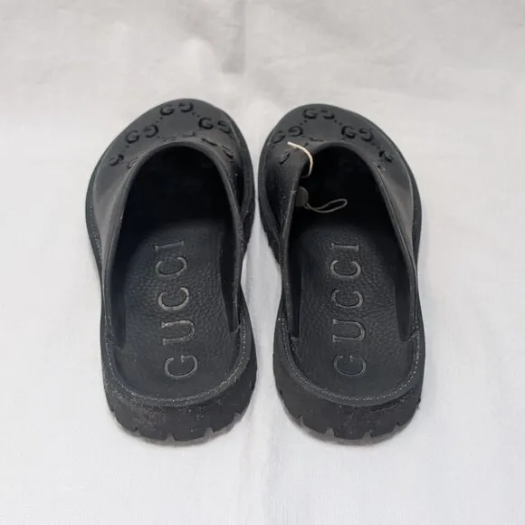Gucci Unisex Black Rubber Logo Mules Slides Clogs Size 8 Mens 10 Womens