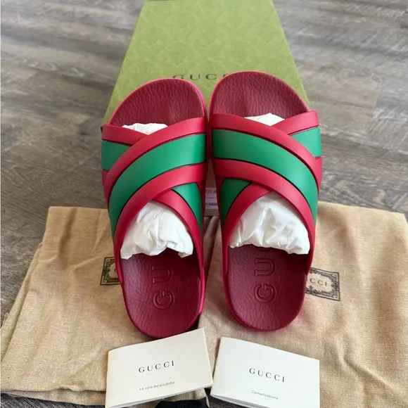 Gucci Web Cross Red and Green Rubber Slides size 36