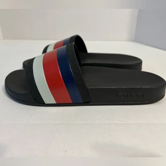 Gucci WEB RUBBER Slides IN‎ BLACK Blue / Red &amp; White Sandals men’s UK size 6