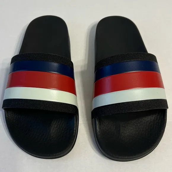 Gucci WEB RUBBER Slides IN‎ BLACK Blue / Red &amp; White Sandals men’s UK size 6