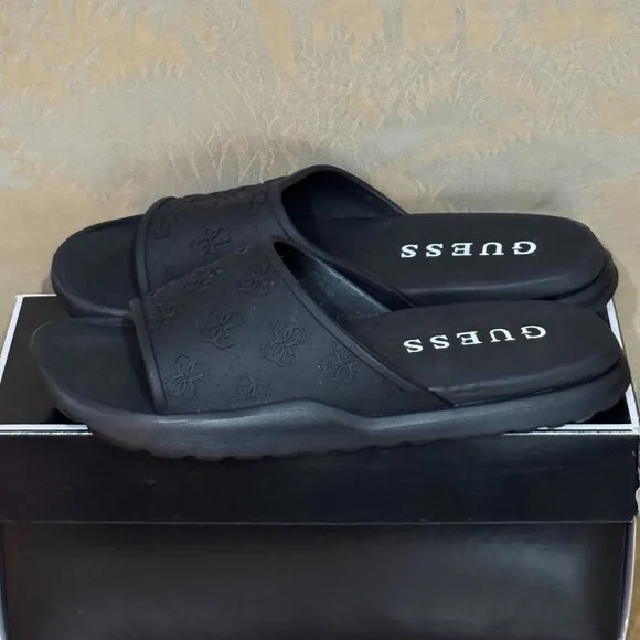 Guess Mens Magaria Black Embossed Logo Slide Strap Sandals 9 M
