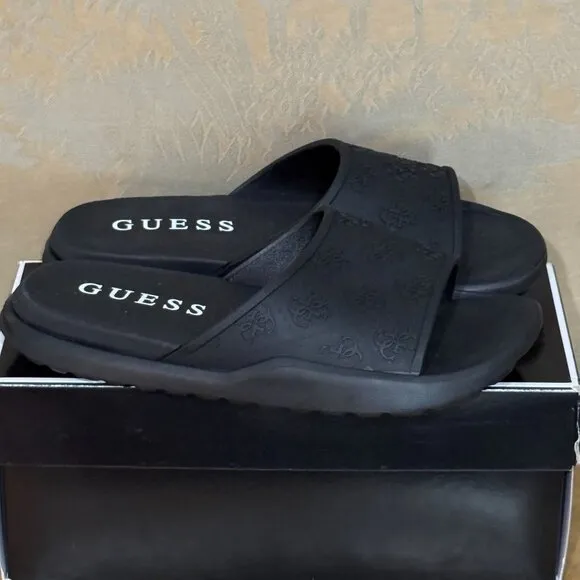 Guess Mens Magaria Black Embossed Logo Slide Strap Sandals 9 M