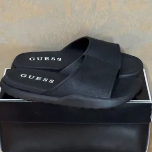 Guess Mens Magaria Black Embossed Logo Slide Strap Sandals 9 M