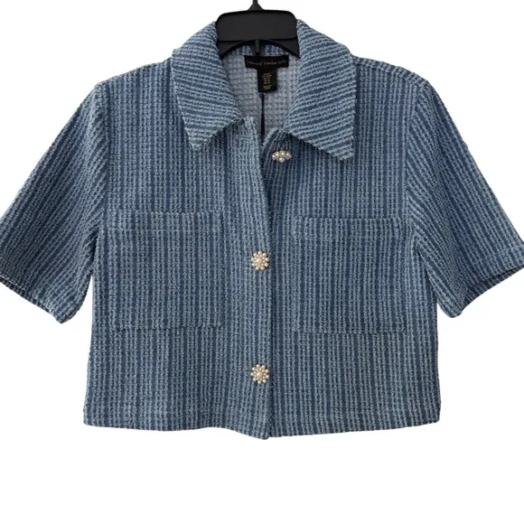 House of Harlow Denim Short Sleeve Cropped Jacket Tweed Button Cotton Top NEW XS