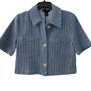 House of Harlow Denim Short Sleeve Cropped Jacket Tweed Button Cotton Top NEW XS