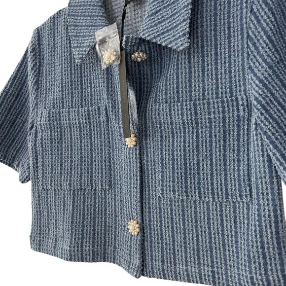 House of Harlow Denim Short Sleeve Cropped Jacket Tweed Button Cotton Top NEW XS