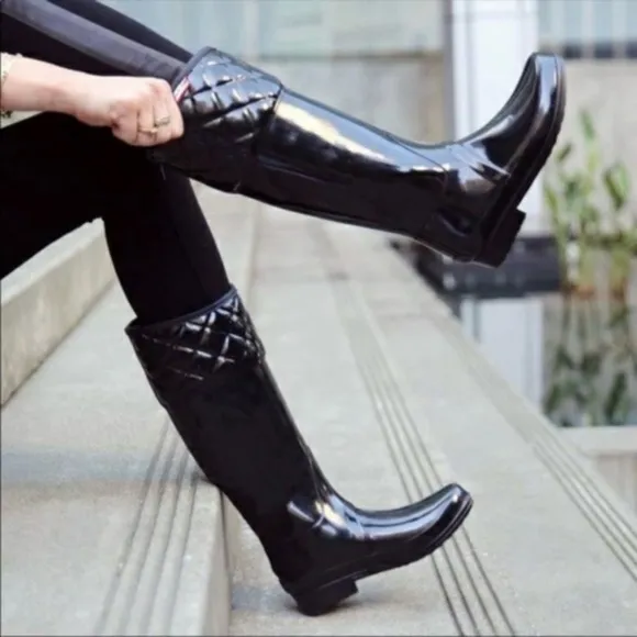 Hunter Black Quilted Asymmetrical Rigley WaterproofTall Rain Boots