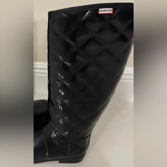 HUNTER High Gloss Quilted Waterproof Black Regent Savoy Rain Boots Size 8
