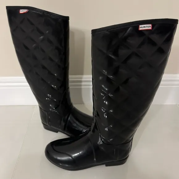 HUNTER High Gloss Quilted Waterproof Black Regent Savoy Rain Boots Size 8