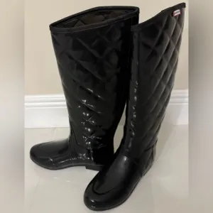 HUNTER High Gloss Quilted Waterproof Black Regent Savoy Rain Boots Size 8