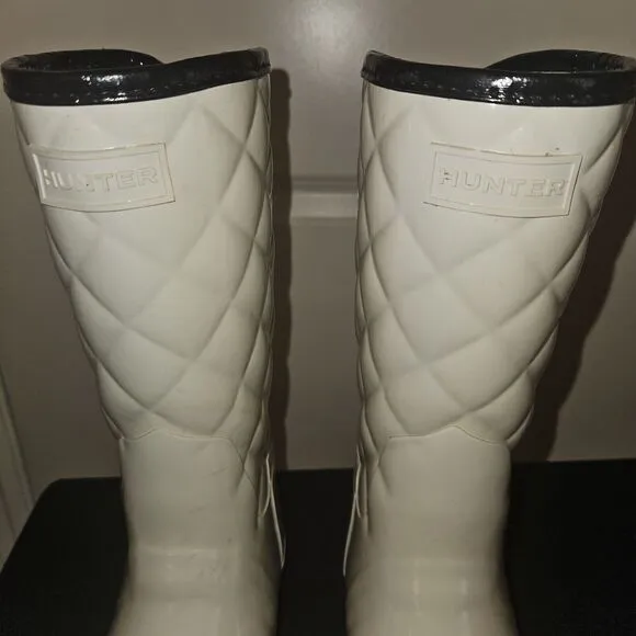 HUNTER Refined Gloss Quilted Rubber Rain Boots Mid Calf US 7 EU 36 Cream