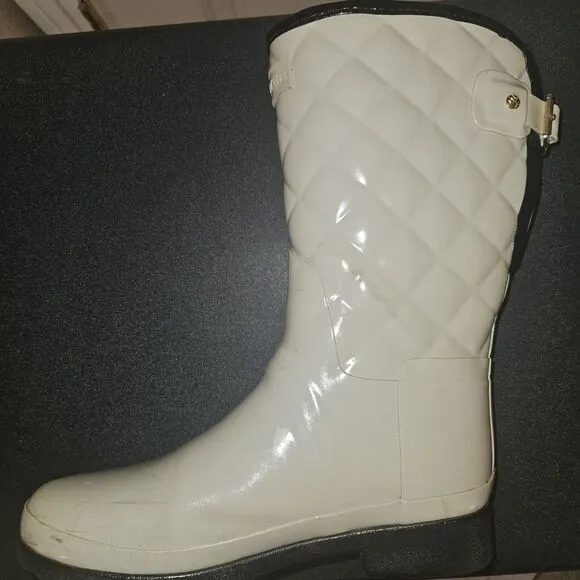 HUNTER Refined Gloss Quilted Rubber Rain Boots Mid Calf US 7 EU 36 Cream