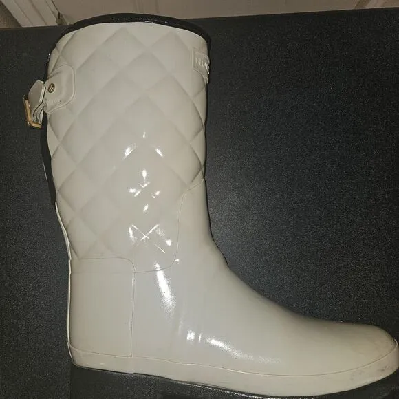 HUNTER Refined Gloss Quilted Rubber Rain Boots Mid Calf US 7 EU 36 Cream