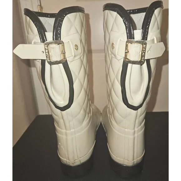 HUNTER Refined Gloss Quilted Rubber Rain Boots Mid Calf US 7 EU 36 Cream