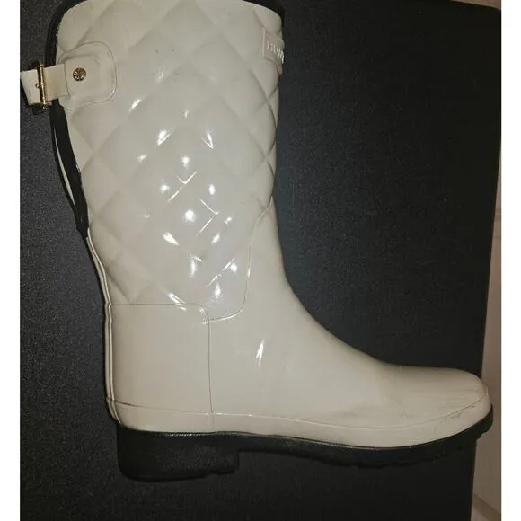 HUNTER Refined Gloss Quilted Rubber Rain Boots Mid Calf US 7 EU 36 Cream