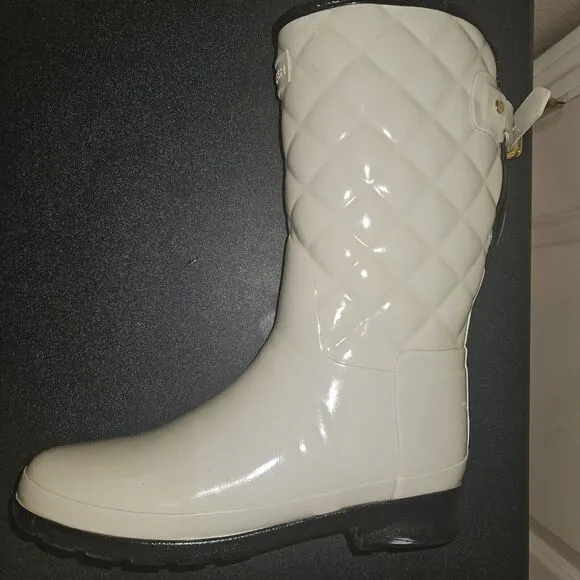 HUNTER Refined Gloss Quilted Rubber Rain Boots Mid Calf US 7 EU 36 Cream