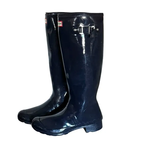 HUNTER Wellies Original Tall High NAVY BLUE  Gloss Waterproof Rain Boots SZ 8