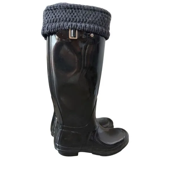 Hunter Women's Black Original Tall Gloss Rain Boots With Knit Socks Size 9