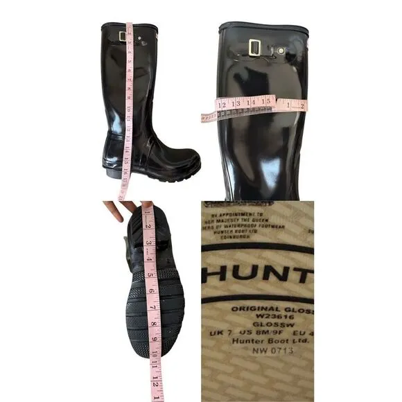 Hunter Women's Black Original Tall Gloss Rain Boots With Knit Socks Size 9