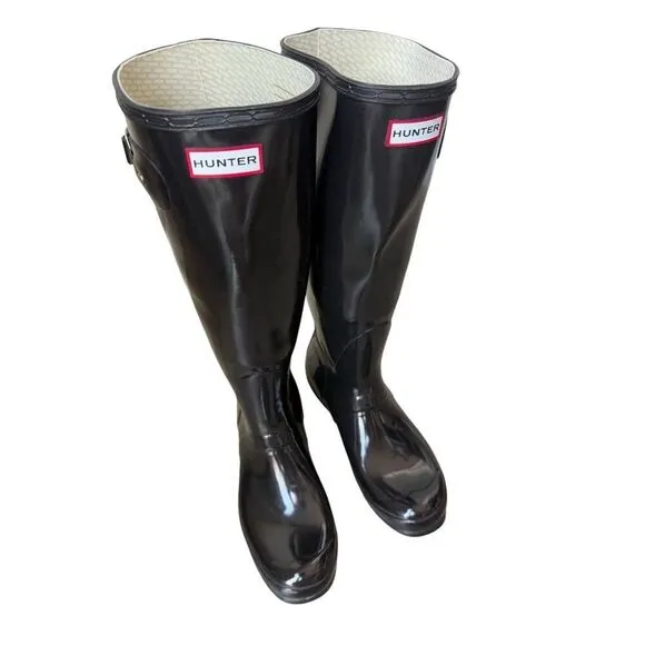 Hunter Women's Black Original Tall Gloss Rain Boots With Knit Socks Size 9