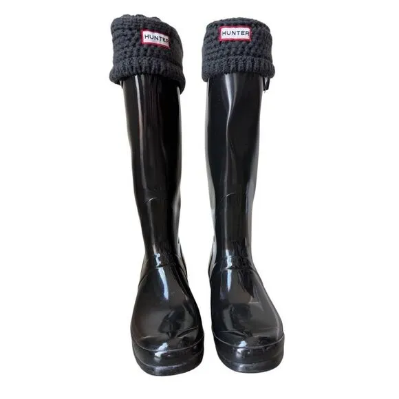 Hunter Women's Black Original Tall Gloss Rain Boots With Knit Socks Size 9