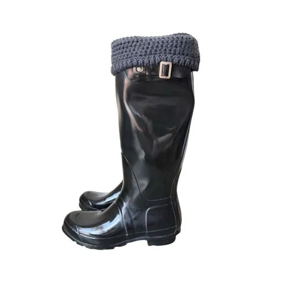 Hunter Women's Black Original Tall Gloss Rain Boots With Knit Socks Size 9