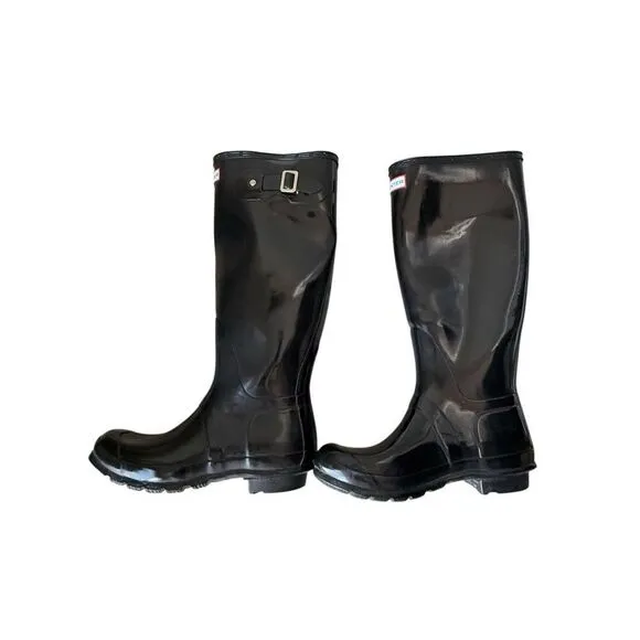 Hunter Women's Black Original Tall Gloss Rain Boots With Knit Socks Size 9