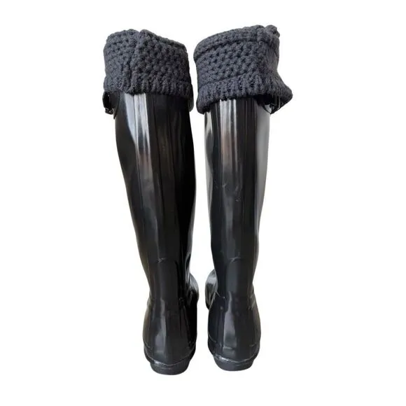 Hunter Women's Black Original Tall Gloss Rain Boots With Knit Socks Size 9