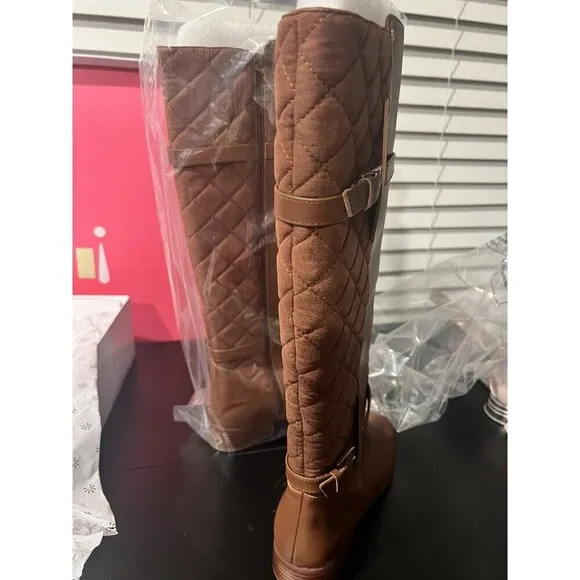Isaac Mizrahi Live! Wide Calf Quilted Leather Boots Cognac Size 8.5