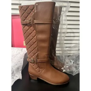 Isaac Mizrahi Live! Wide Calf Quilted Leather Boots Cognac Size 8.5