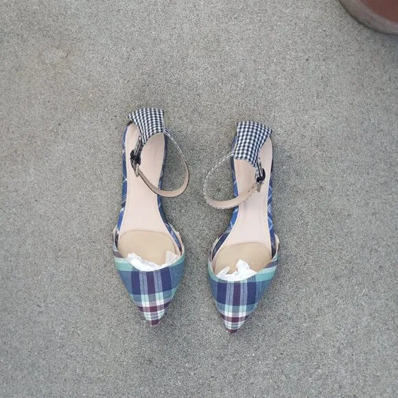 J Crew Mixed Gingham &amp; Madras Plaid Ankle Strap d'Orsay Flats Size 6