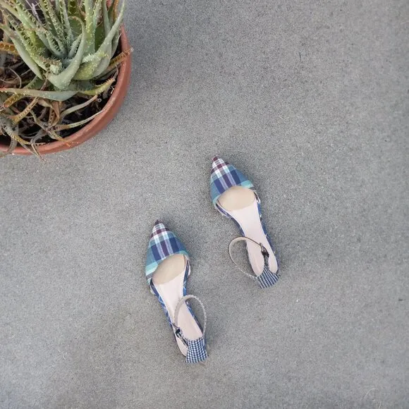 J Crew Mixed Gingham &amp; Madras Plaid Ankle Strap d'Orsay Flats Size 6