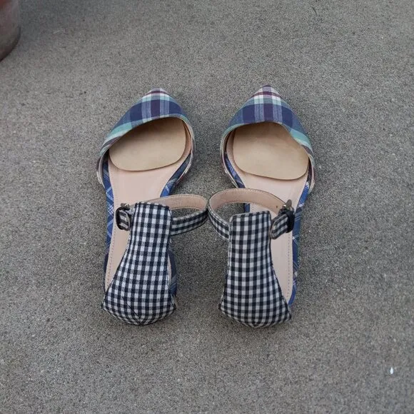 J Crew Mixed Gingham &amp; Madras Plaid Ankle Strap d'Orsay Flats Size 6
