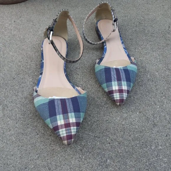 J Crew Mixed Gingham &amp; Madras Plaid Ankle Strap d'Orsay Flats Size 6