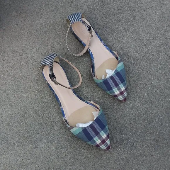 J Crew Mixed Gingham &amp; Madras Plaid Ankle Strap d'Orsay Flats Size 6
