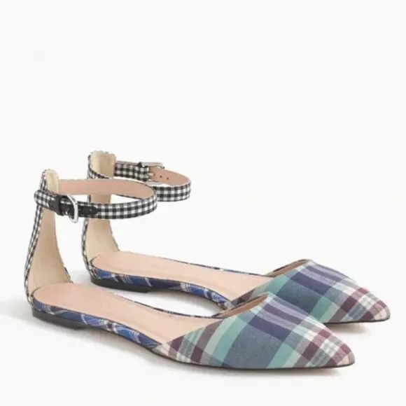 J Crew Mixed Gingham &amp; Madras Plaid Ankle Strap d'Orsay Flats Size 6