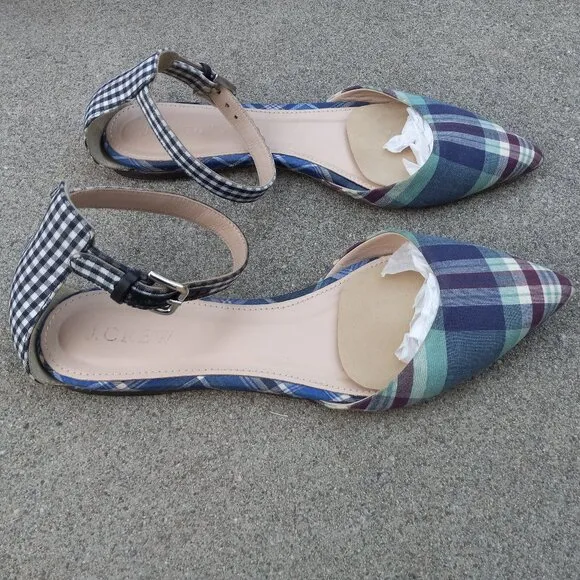 J Crew Mixed Gingham &amp; Madras Plaid Ankle Strap d'Orsay Flats Size 6