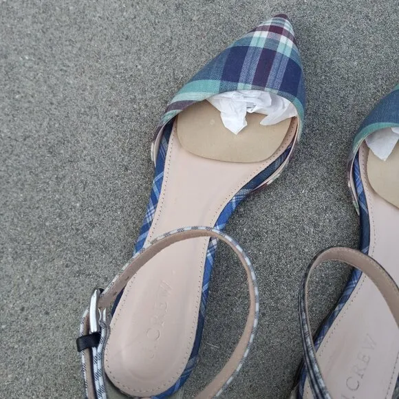 J Crew Mixed Gingham &amp; Madras Plaid Ankle Strap d'Orsay Flats Size 6