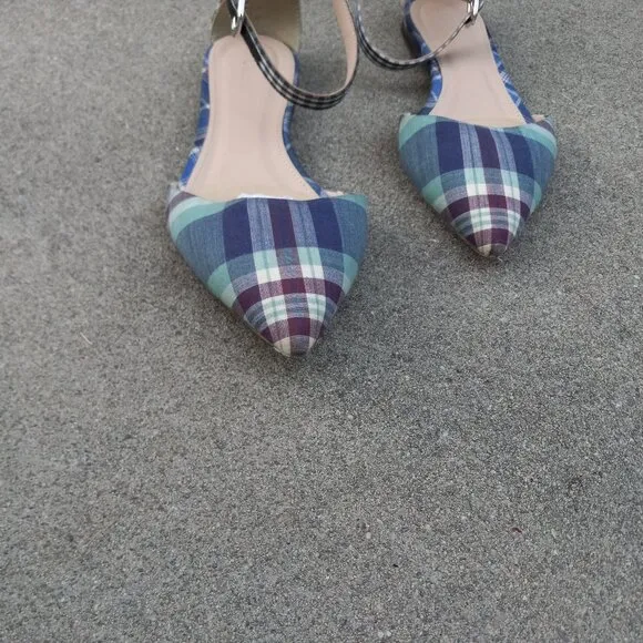 J Crew Mixed Gingham &amp; Madras Plaid Ankle Strap d'Orsay Flats Size 6