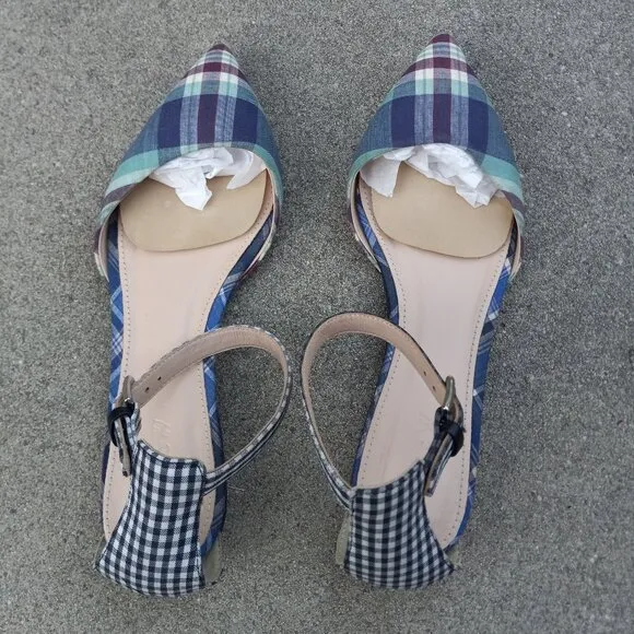 J Crew Mixed Gingham &amp; Madras Plaid Ankle Strap d'Orsay Flats Size 6